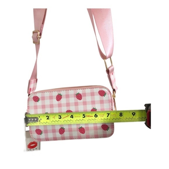 Pink plaid checkered strawberry print gold tone hardware crossbody canvas bag - Picture 13 of 13